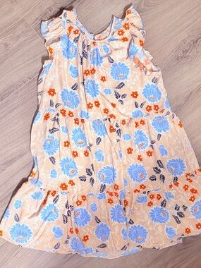 LOFT Women’s Peach Floral Tiered Dress with Blue & Orange Print